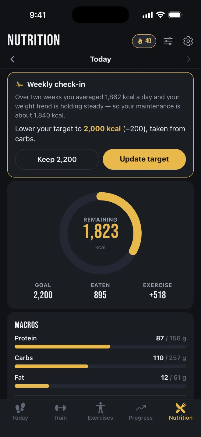 Nutrition diary with calorie ring