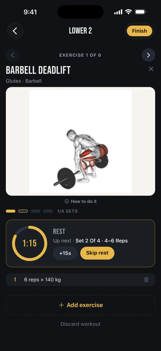 Live workout logging a barbell deadlift